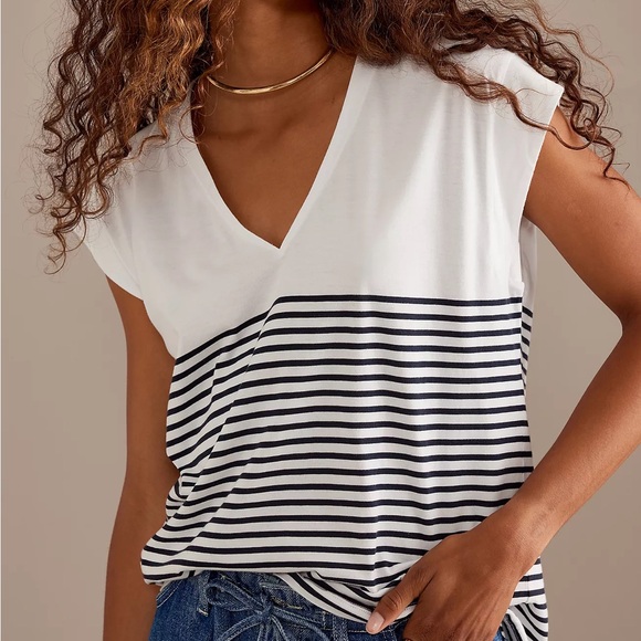 FRAME Le Mid V Neck T-Shirt Anthropologie Women Medium White Black Cotton Stripe - Picture 1 of 16